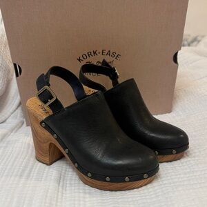 Kork-Ease Darby Black Leather Mules with Wooden Heel